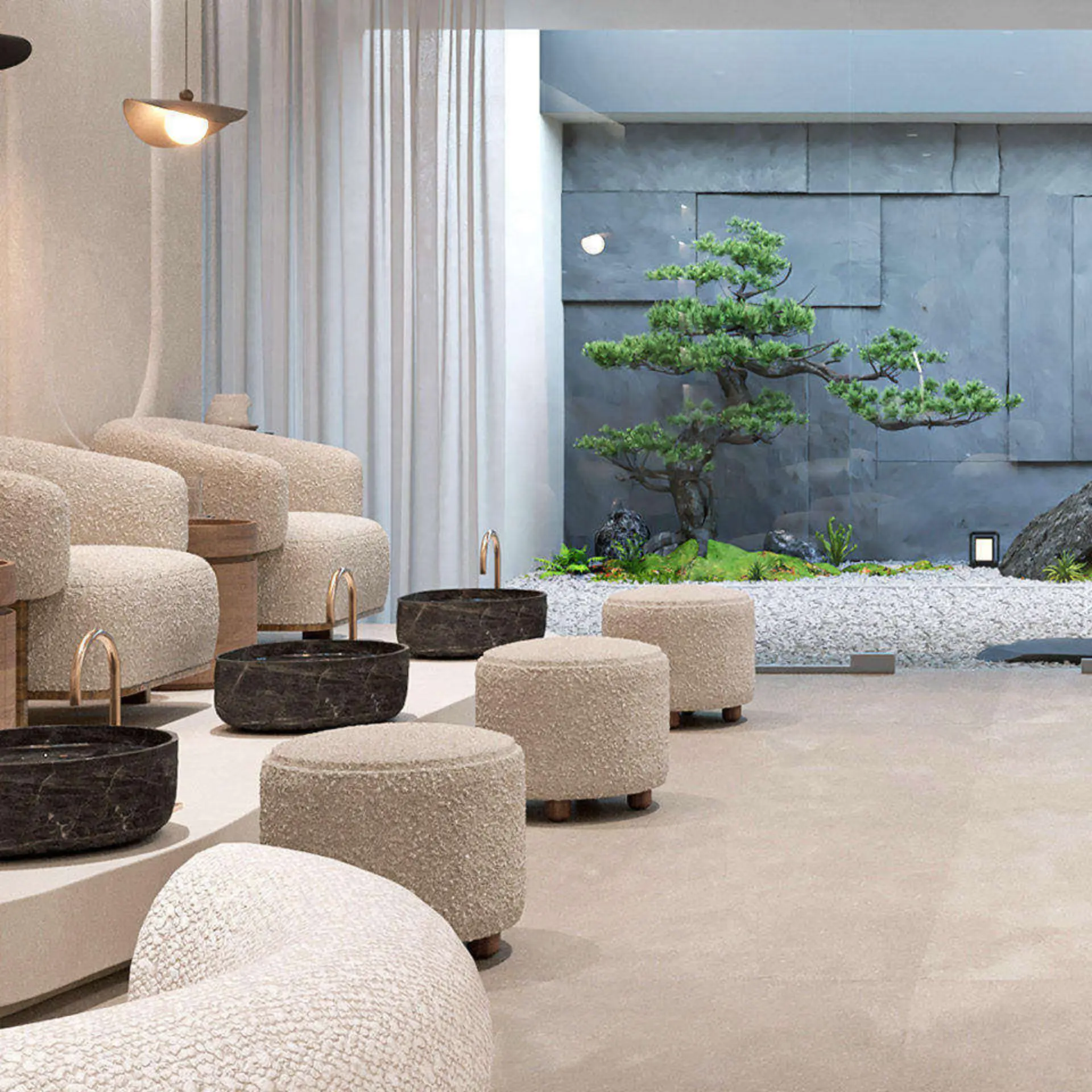 Pedicurelounge met zachte fauteuils en zen-tuin