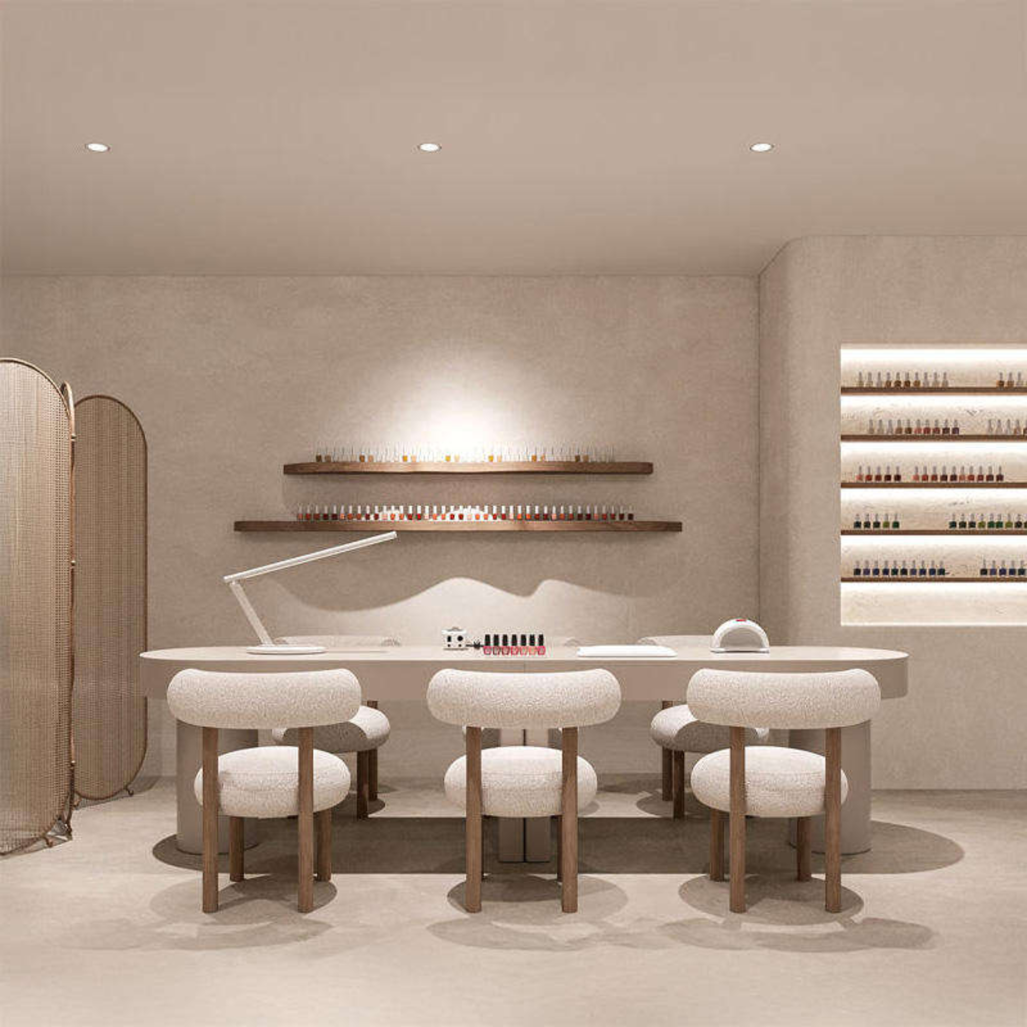 Manicurebar van Tadè Organics met natuurlijke tinten en nagellakwand